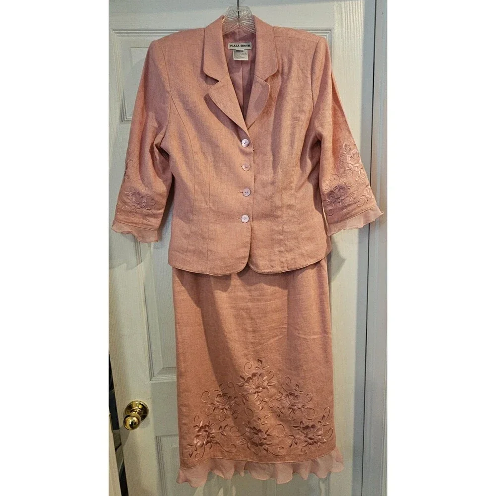 Vntg Plaza South Pink Linen Blend Skirt Suit Set 8 Floral Embroidered Ruffle